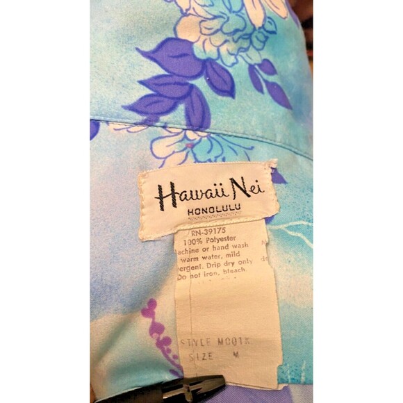 Vintage 70s HAWAII NEI Men's Size Med Hawaiian Shirt Blue White Purple Floral - Picture 5 of 7